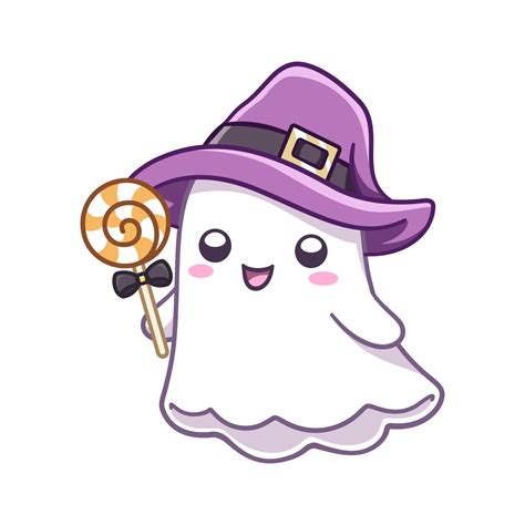 Cute ghost wearing witch hat costume holding candy vector illustration ...