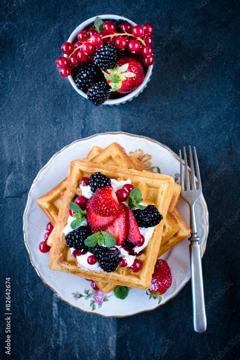 Homemade waffles and ice cream Stock Photo | Adobe Stock