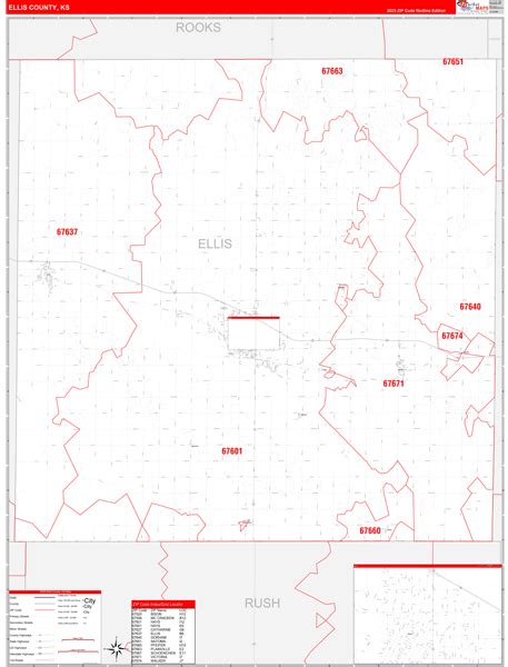 Ellis County, KS Zip Code Wall Map Red Line Style by MarketMAPS - MapSales