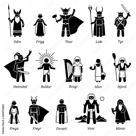 Ancient Norse Mythology Gods and Goddesses Characters Icon Set เวกเตอร์ ...