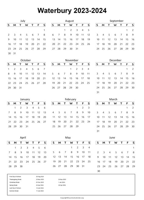 Waterbury Public Schools Calendar with Holidays 2023-2024