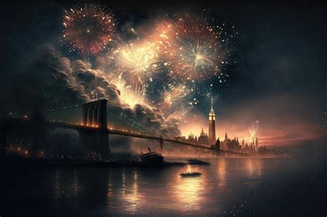 Premium AI Image | Fireworks over the brooklyn bridge and the bridge