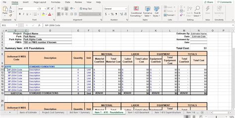 Construction Material Takeoff Excel Template