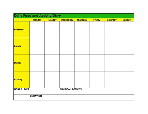 Food log template Printable In excel Format