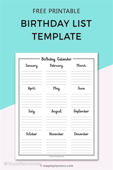 Free Printable Birthday List Templates - Printable Form, Templates and ...