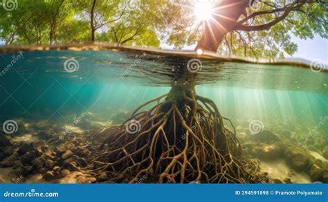 Mangrove Tree and Roots Under Water Surface Green Foliage. Mangrove ...