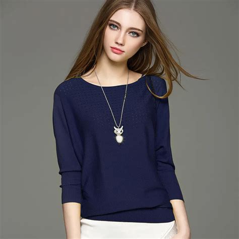 Simple Cotton Tops Solid Navy Blue knitted Pullover Sweater Women ...