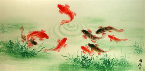 Koi Fish Feeding - Chinese Painting - Chinese Art