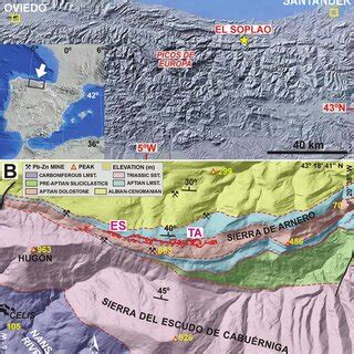 A: Location map of the Cantabrian Mountains. B: Geological map of the ...