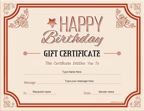 a birthday gift certificate is shown in red and beige colors with the ...