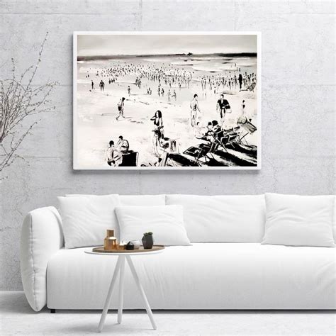 47" Large ORIGINAL Black And White Beach Scene Painting People Beach ...