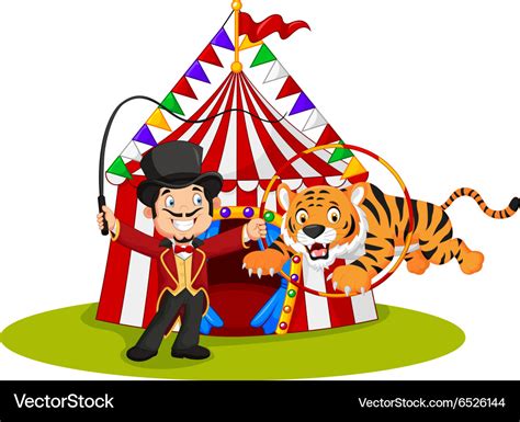 Cartoon tiger jumping through ring with circus Vector Image