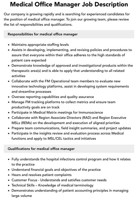 Medical Office Manager Job Description | Velvet Jobs