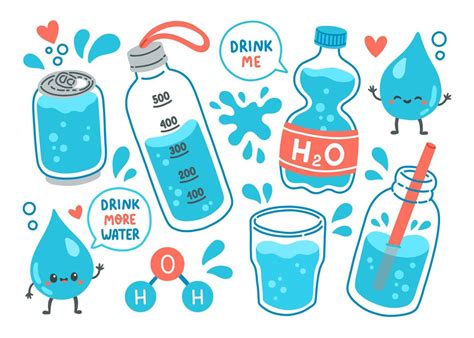 Drink more water set h2o vector illustration. Cartoon water bottles ...