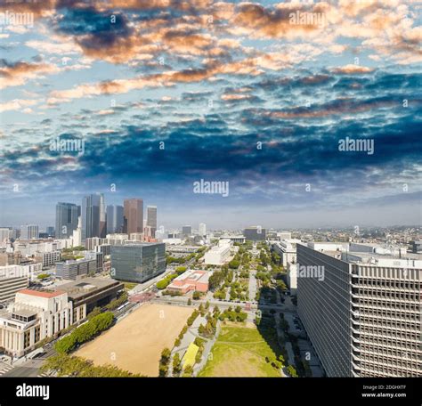 Los Angeles, California. Aerial view of Downtown skyline at sunset ...