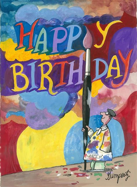 a painting of a man holding a street light with the words happy ...