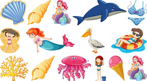 Set of summer beach objects and cartoon characters 4319268 Vector Art ...