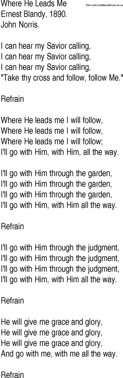 Hymn and Gospel Song Lyrics for Where He Leads Me by Ernest Blandy