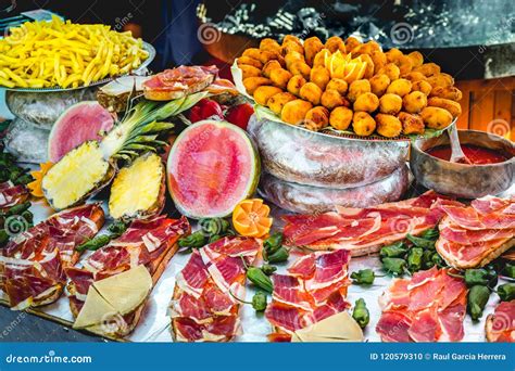 Delicious Tasty Street Food at a Market in Spain. Stock Photo - Image ...