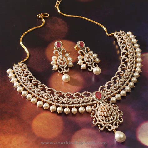 Gold Diamond Pearl Necklace From Manubhai - South India Jewels