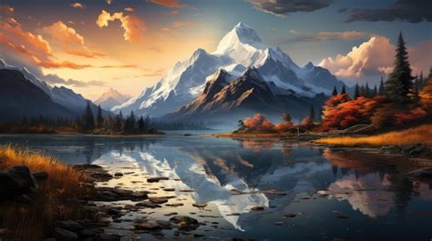 Premium AI Image | A painting of a mountain lake with a sunset in the ...