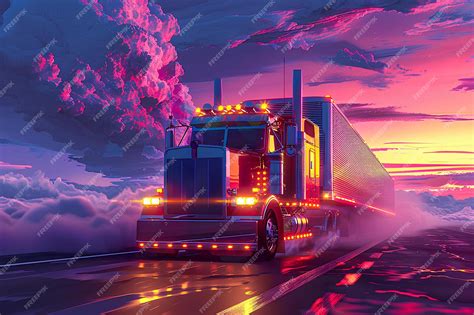 Premium Photo | A semi truck driving down a highway at sunset