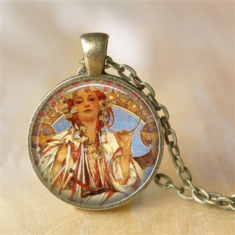 Alphonse Mucha Pendant Necklace Jewelry Art Nouveau Glass