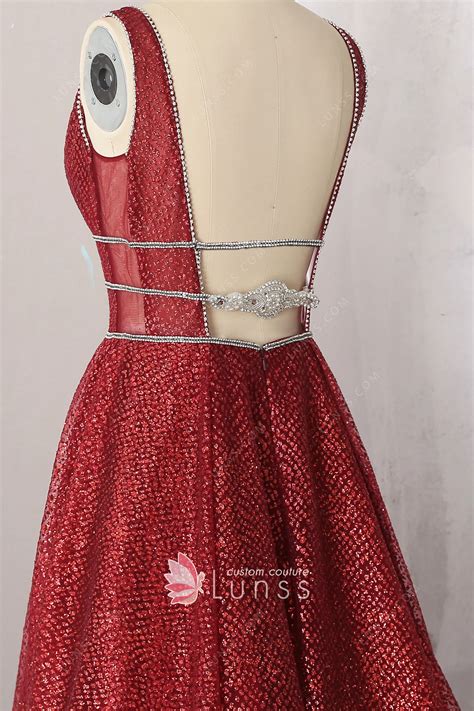 Sparkly Metallic Red Glitter Plunging V-neck Formal Dress - Lunss