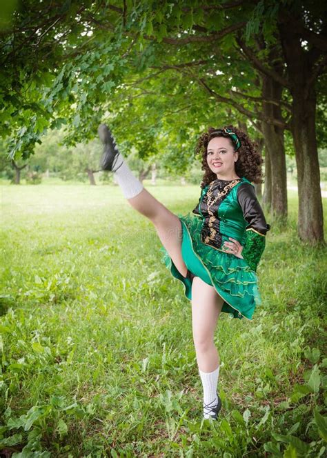 Young Beautiful Girl in Irish Dance Dress Dancing Outdoor Stock Image ...