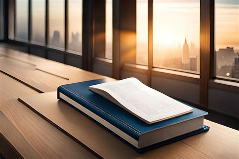 Premium Photo | A book on a desk with a view of the city of new york.