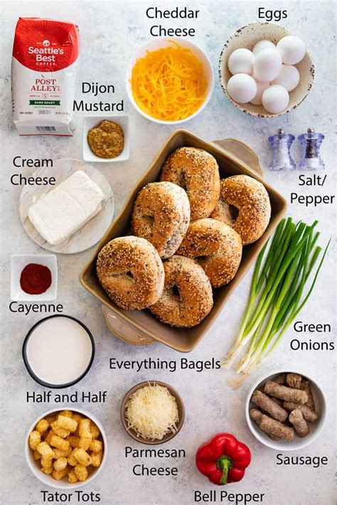 overhead shot of ingredients needed to make overnight everything bagel ...