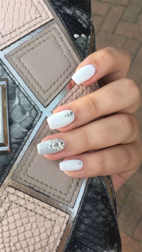 White Gel Extension Nails with Clear Crystals | Gel nail extensions ...