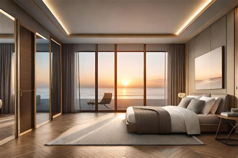 Premium Photo | A bedroom with a view of the ocean.