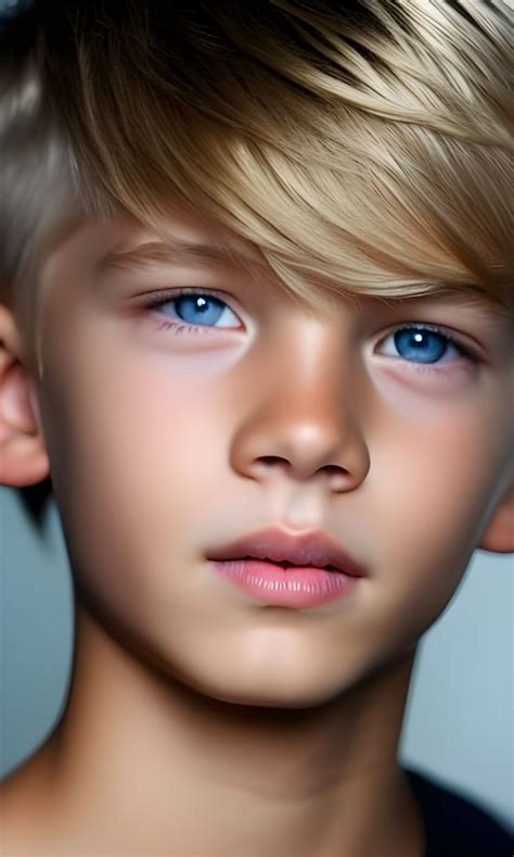 Realistic drawing of a cute young boy with blond hair. He has beautiful ...