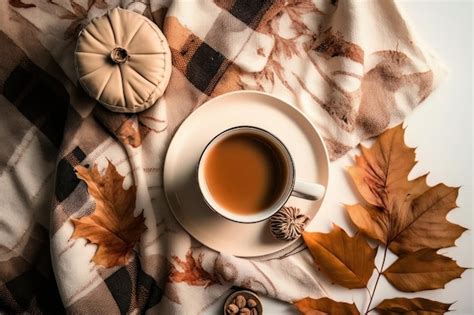 Premium AI Image | Autumn cozy composition A cup of coffee plaid on a ...