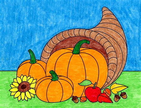 Easy How to Draw a Cornucopia Tutorial Video and Coloring Page