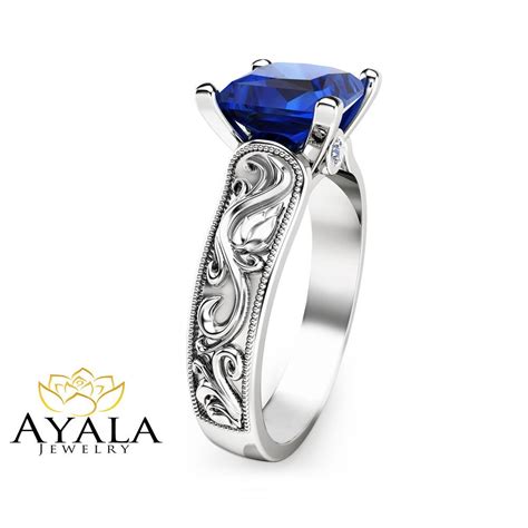 Princess Cut Blue Sapphire Ring in 14K White Gold Unique 2