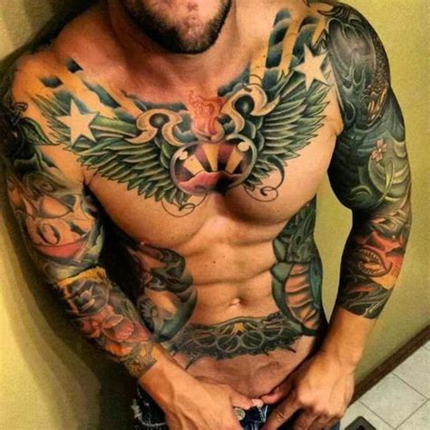 an image of a man with tattoos on his chest