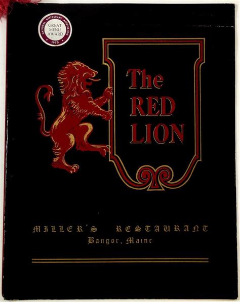 1970's Full Size Vintage Menu THE RED LION Miller's Restaurant Bangor ...