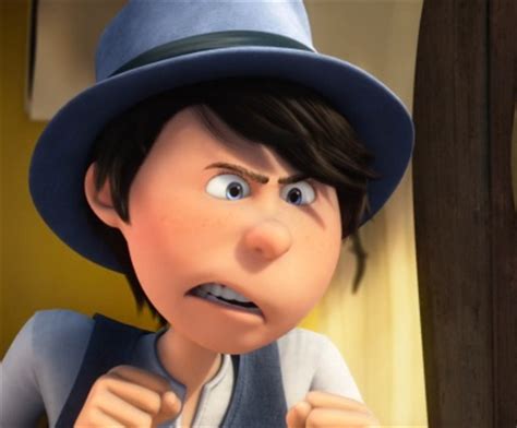 an animated image of a boy with a hat and blue vest, holding his fist up