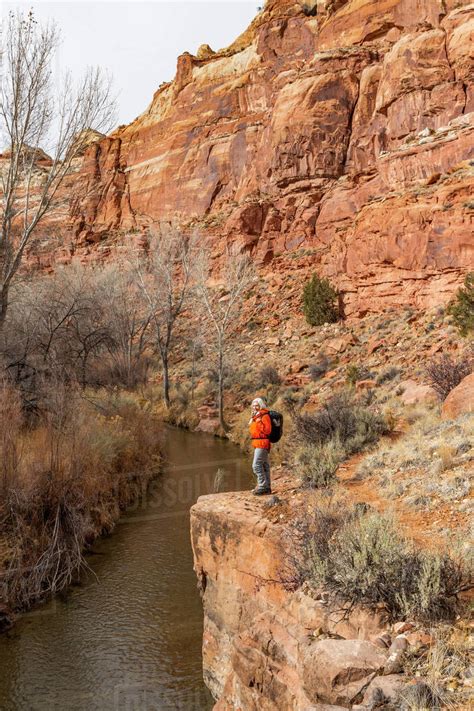 USA, Utah, Escalante, Woman hiking along Escalante River in Grand ...