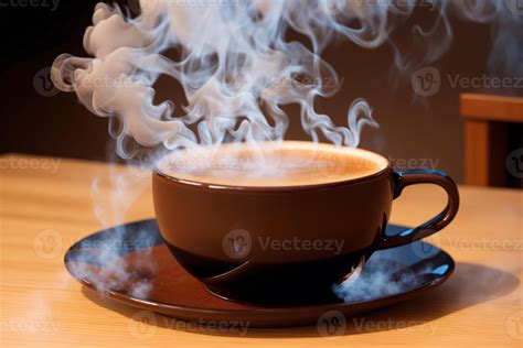 Coffee cup with steam on wooden table and black background. Generative ...