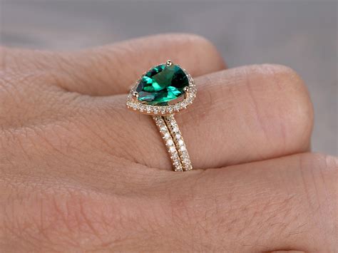 2 Rings Set Emerald Wedding Ring Set Pear Cut Emerald - Etsy