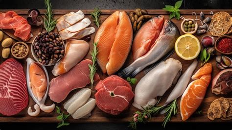 Premium AI Image | top view of a variety of raw meat and fish on wooden ...