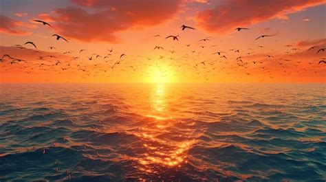 Premium AI Image | Birds Flying over the Ocean at Sunset