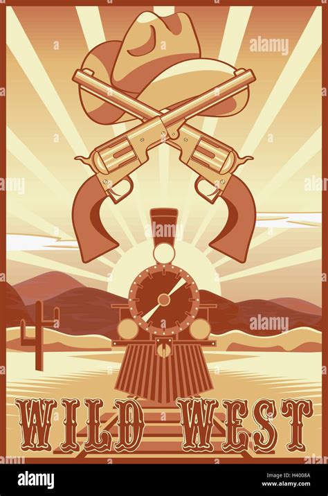 Wild west vintage card or poster with desert landscape, train, guns and ...