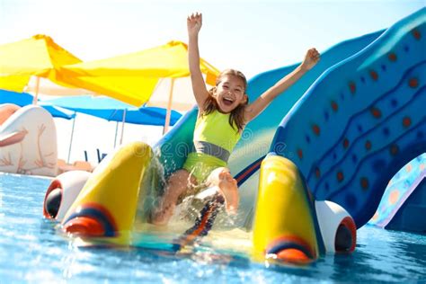 Happy Girl on Slide at Water Park. Summer Stock Image - Image of beach ...