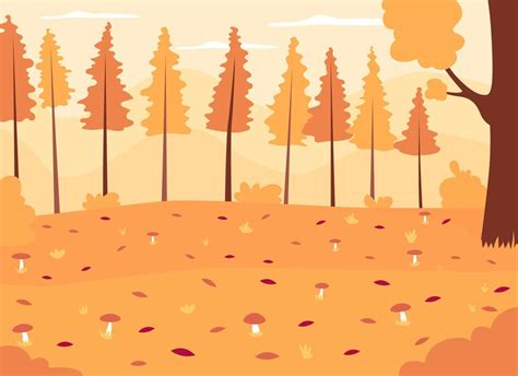 Autumn woods flat color vector illustration. Seasonal landscape with ...