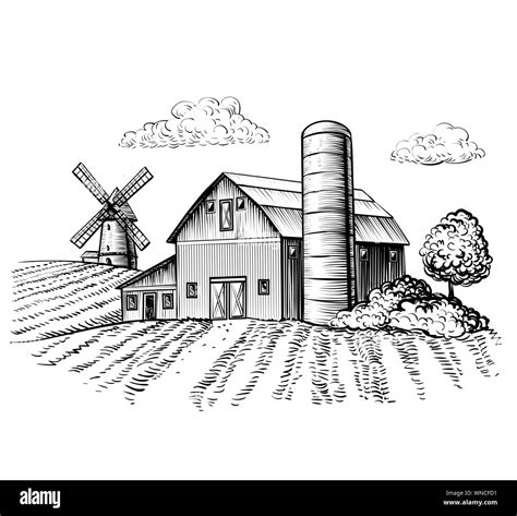 Rural landscape, farm barn and windmill sketch. Hand draw illustration ...