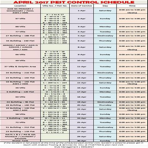 April 2017 Pest Control Schedule